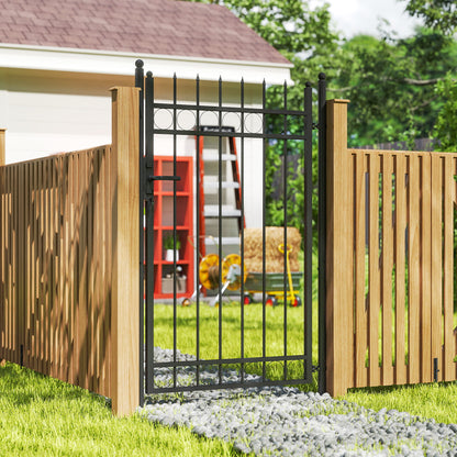 Galvanised Steel Garden Gate, Outdoor Fence Gate Security Barrier with Lock, Keys and Handle W/ Classic Finials, 105 x 204 cm, Black