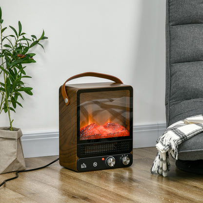 Tabletop Electric Fireplace with Handle, Freestanding Heater Realistic Flame Effect, Overheat Protection 750W/1500W Dark Walnut