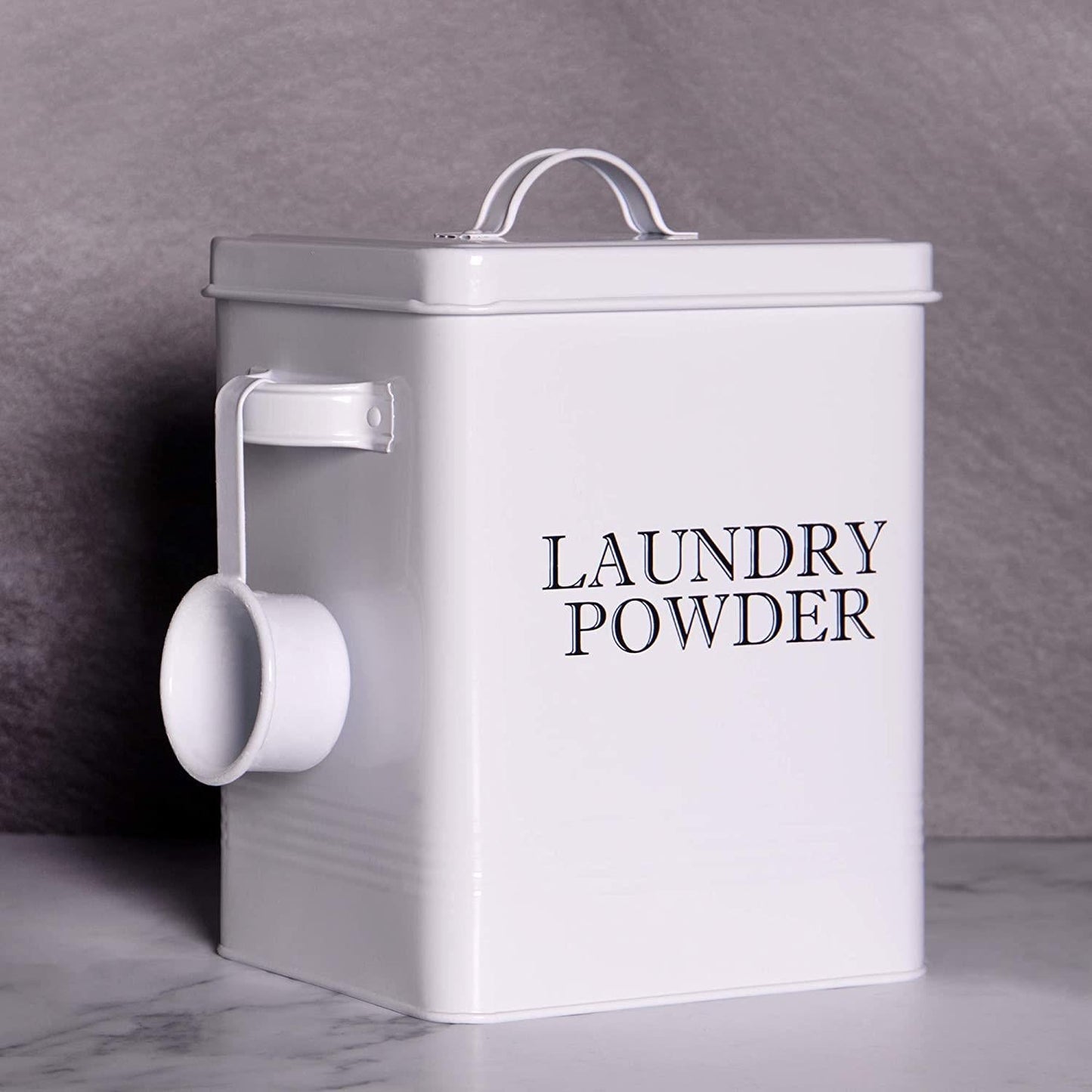 Laundry Powder Storage Tin | Powder-Coated Steel | Secure Lid | Side Carry Handles | 83.5ml Scoop Included | 26x20x15cm | 2-Year Warranty | White