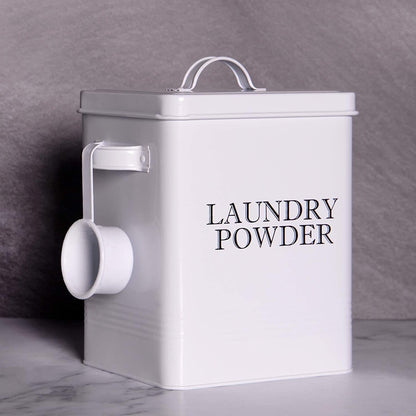 Laundry Powder Storage Tin | Powder-Coated Steel | Secure Lid | Side Carry Handles | 83.5ml Scoop Included | 26x20x15cm | 2-Year Warranty | White