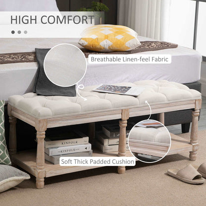 2 Tier Shoe Rack Bench with Button Tufted Upholstered Cushion, Vintage Bed End Bench, Wooden Window Seat for Hallway, Living Room, Cream White