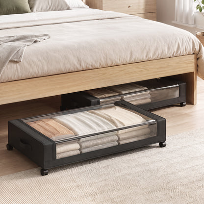 2-Pack Under-Bed Storage Boxes | 40 L Each Fabric Rolling Drawers with Clear PVC Lids & Wheels | 10 kg Load | Black