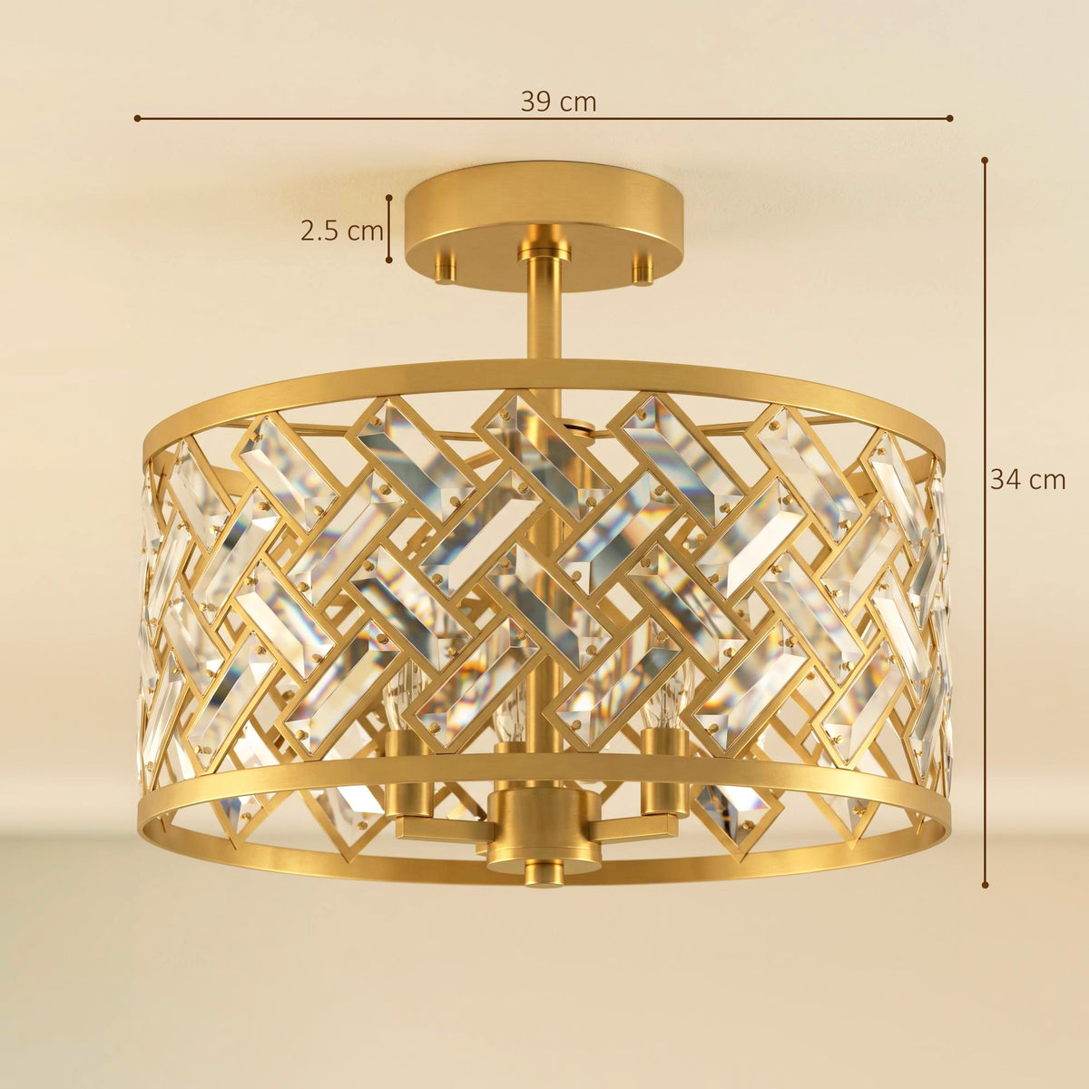 3-Light Crystal Drum Ceiling Light | 76 Crystal Prisms | 3x E14 Sockets | Electroplated Gold-Tone Frame | 39Dx34H cm | Max 40W per Bulb | LED Compatible | Ceiling >2.3m | Bulbs Not Included | Gold Tone