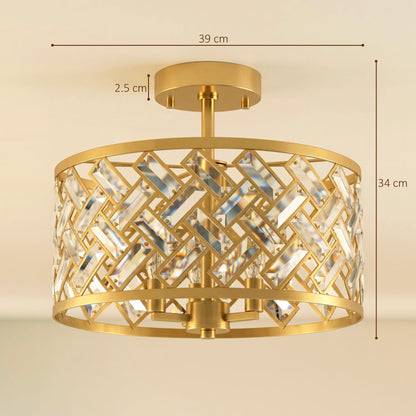 3-Light Crystal Drum Ceiling Light | 76 Crystal Prisms | 3x E14 Sockets | Electroplated Gold-Tone Frame | 39Dx34H cm | Max 40W per Bulb | LED Compatible | Ceiling >2.3m | Bulbs Not Included | Gold Tone