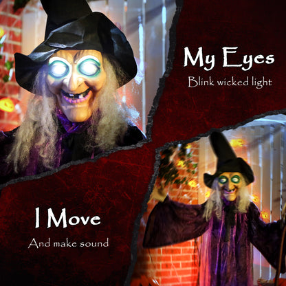 183 cm Life Size Halloween Animated Standing Witch & Broomstick with Glowing LED Eyes, Spooky Witch Scary Halloween Decorations, Battery Operated, Indoor Party Props