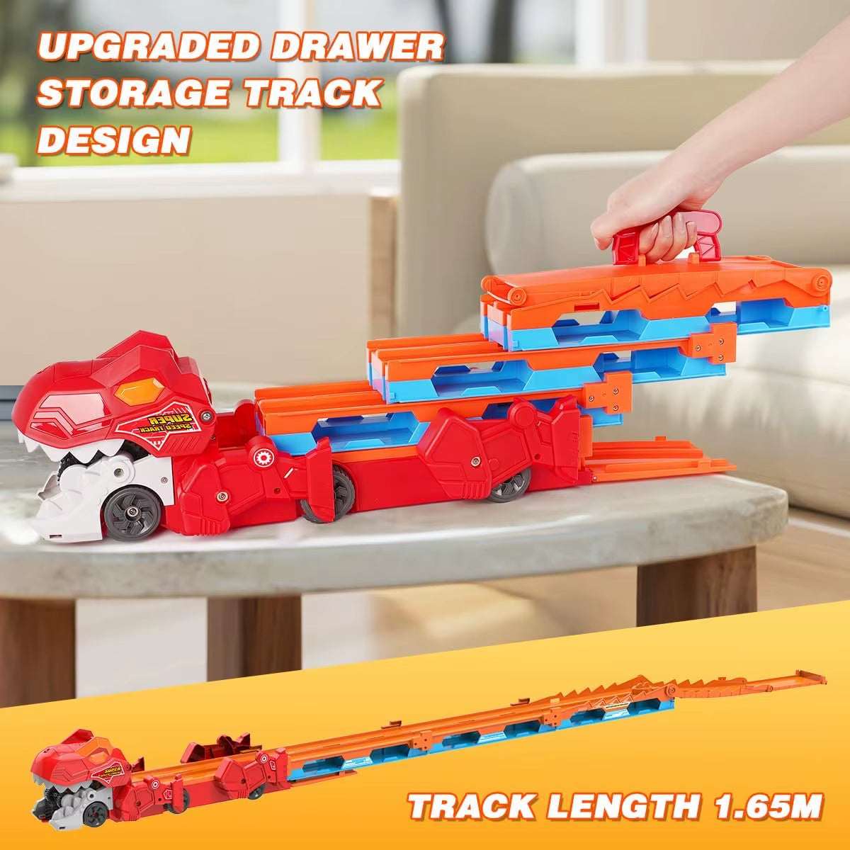 Dinosaur 3-In-1 Transport Truck Car Toys for Boys Age 3+ 8 Race Cars Ejection Folding Portable Track Toy with Sound for Kids