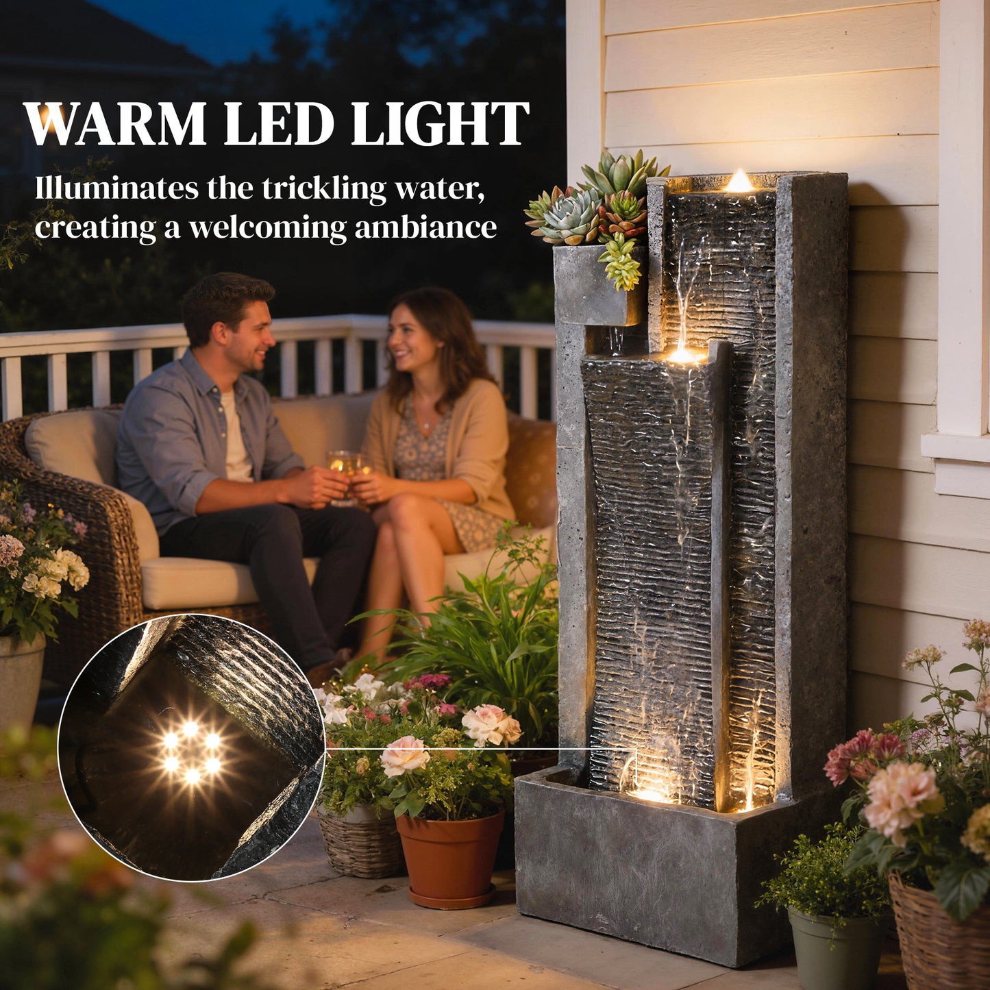 Tall 3-Tier Resin Waterfall Fountain with Top Planter | LED Lights | Water Curtain Effect | 22-25L | 12W | 230V | 3m Cable | 38x19x101cm | Garden Patio & Balcony | Dark Grey