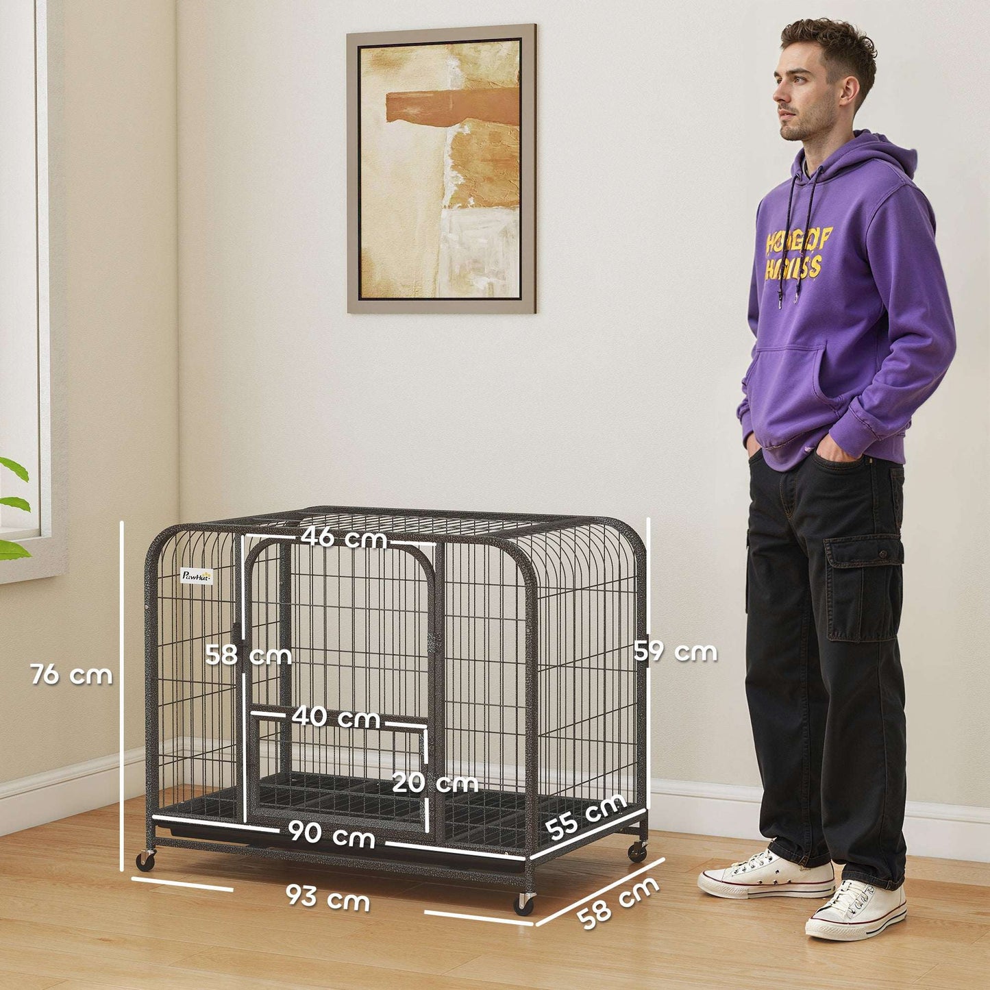Heavy Duty Dog Crate | 93x58x76cm | 3 Doors | Slide-Out Tray | 4 Wheels | Raised Base | 20kg | Black