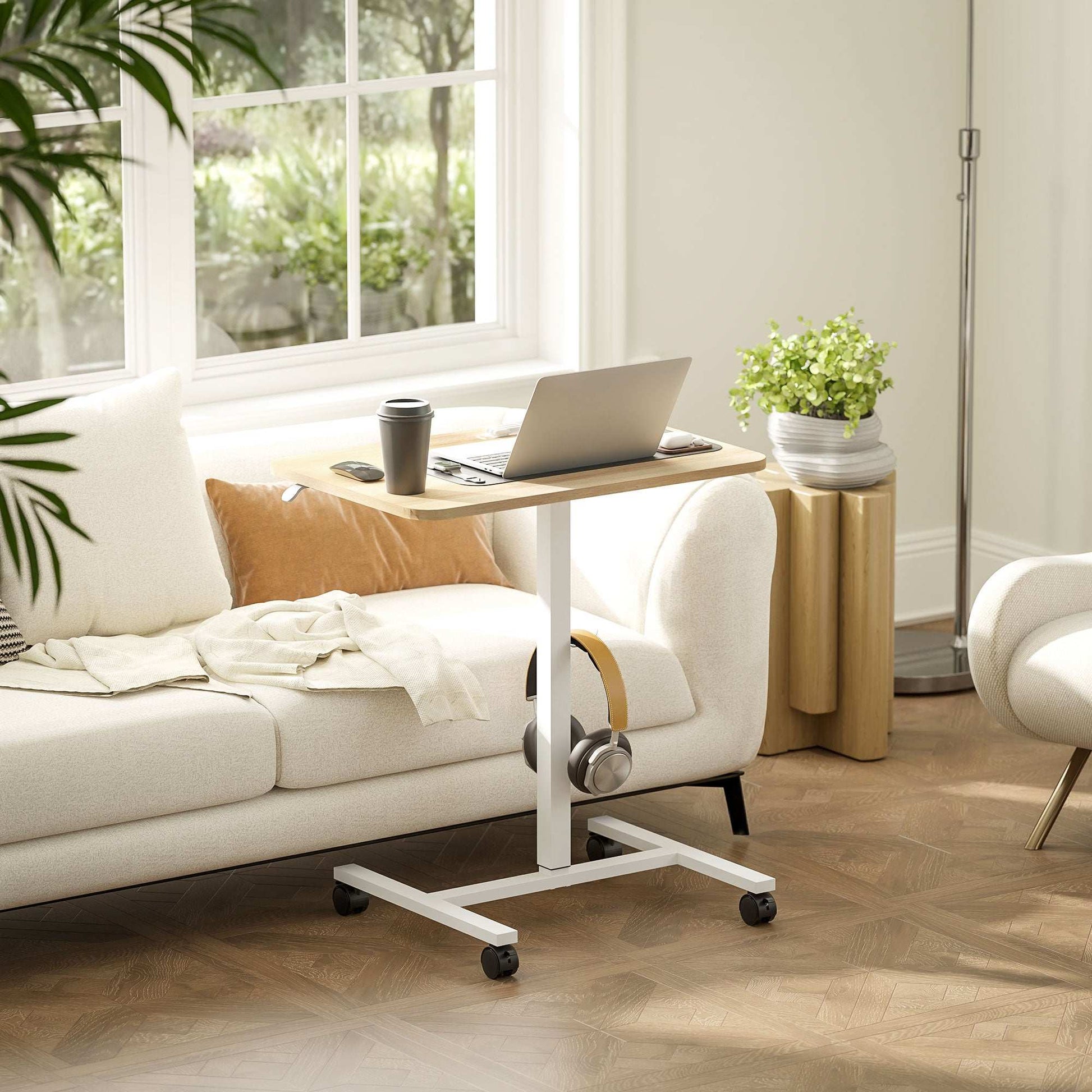 Height Adjustable Standing Desk, Pneumatic Sit Stand Desk for Laptop, Mobile Overbed Table W/ Wheels And Headphone Hook for Home Office