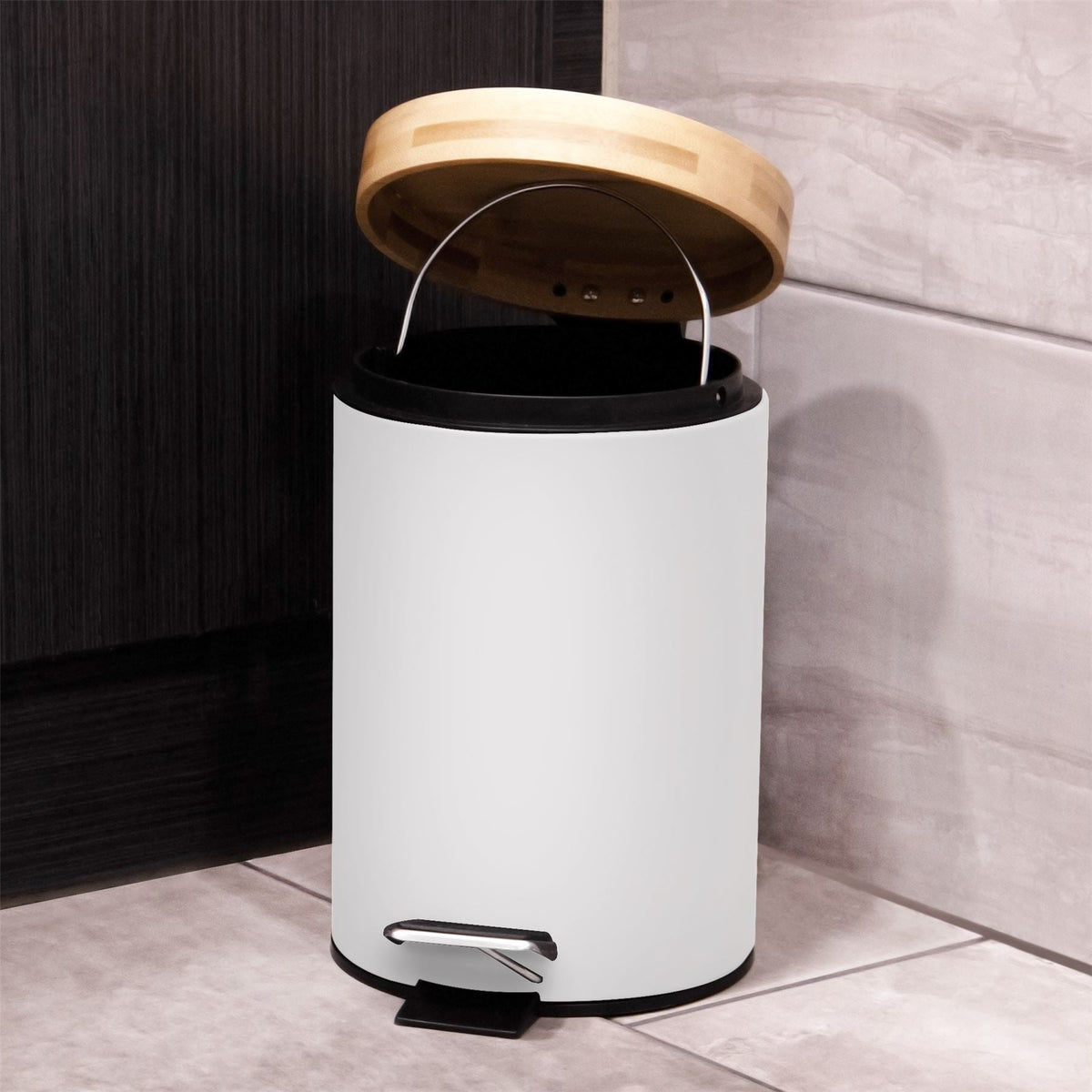 Maison & White White Matt Steel Bathroom Bin with Bamboo Lid | 3L | Foot Pedal | Soft-Close | Removable Inner Basket | Fingerprint-Resistant | 25.5x17x17cm | 2-Year Warranty