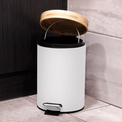 Maison & White White Matt Steel Bathroom Bin with Bamboo Lid | 3L | Foot Pedal | Soft-Close | Removable Inner Basket | Fingerprint-Resistant | 25.5x17x17cm | 2-Year Warranty