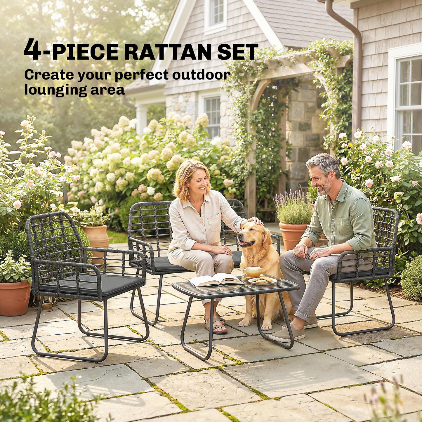 4 Piece Rattan Garden Furniture Set | Loveseat | 2 Armchairs | Coffee Table | Tempered Glass Top | PE Rattan & Metal Frame | High-Density Cushions | Washable Covers | Black