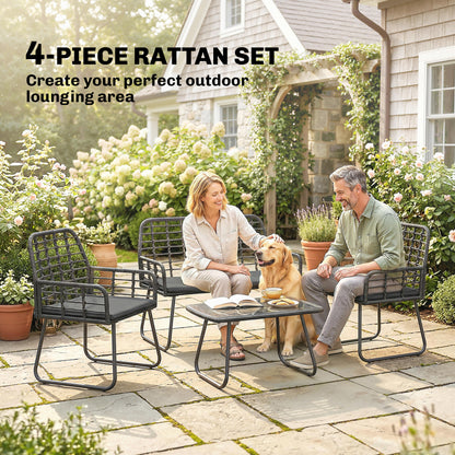 4 Piece Rattan Garden Furniture Set | Loveseat | 2 Armchairs | Coffee Table | Tempered Glass Top | PE Rattan & Metal Frame | High-Density Cushions | Washable Covers | Black