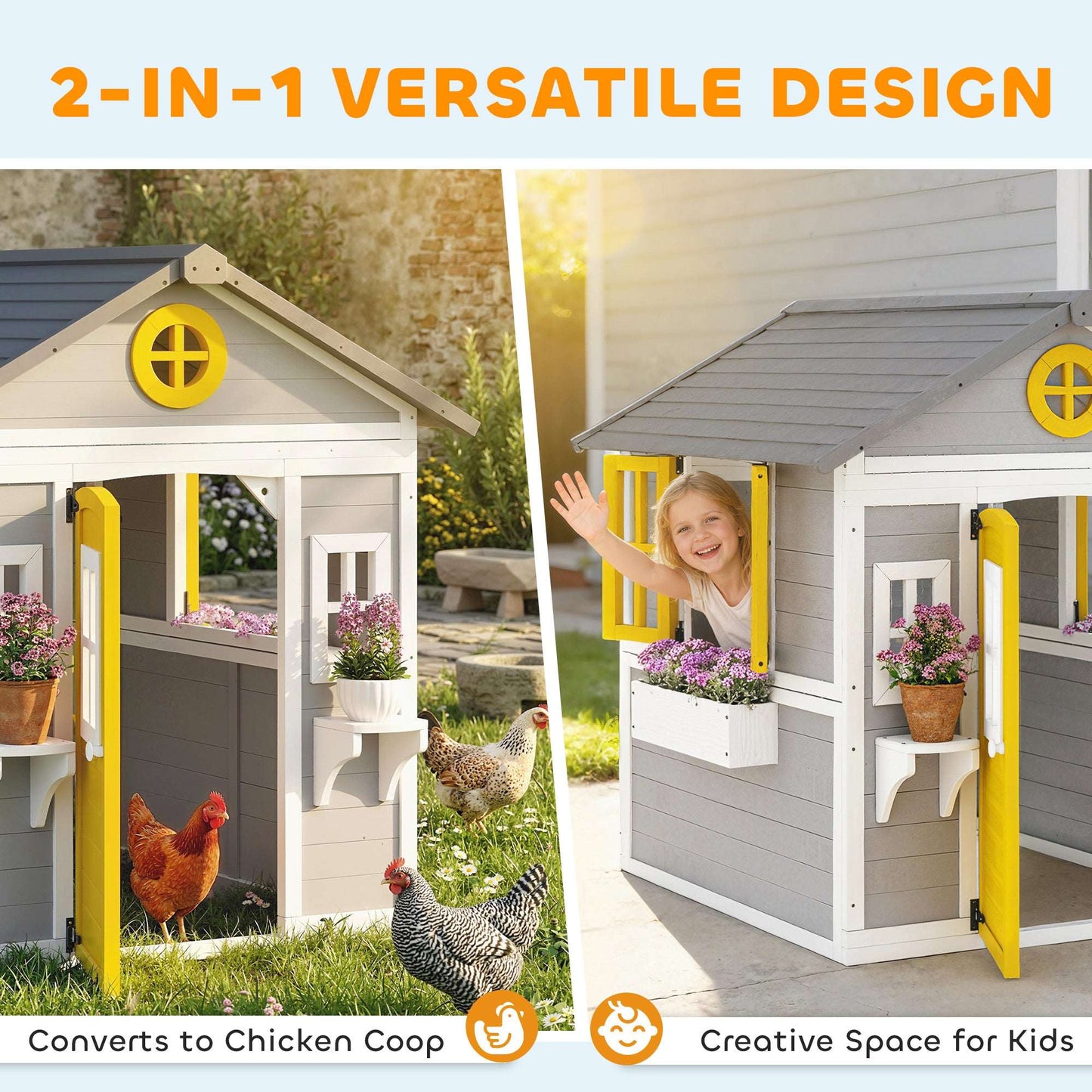 Solid Fir Wood Kids Outdoor Playhouse | Openable Windows | Planter Boxes & Plant Pots | Sloped Roof | EN71 Certified | Ages 3-8 | 135x114x126cm | Grey Yellow & White