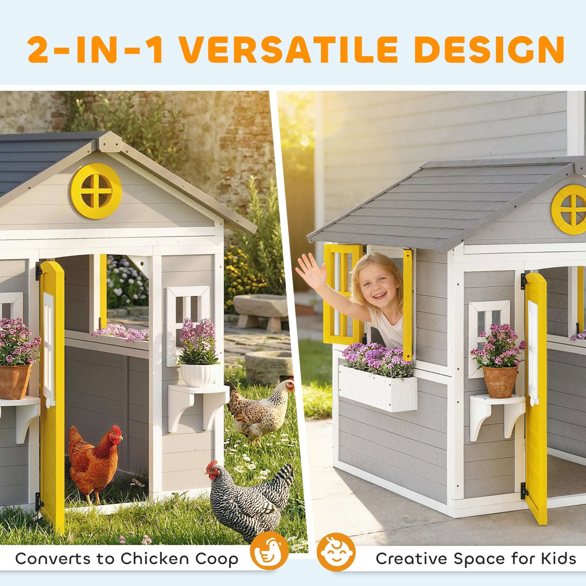 Solid Fir Wood Kids Outdoor Playhouse | Openable Windows | Planter Boxes & Plant Pots | Sloped Roof | EN71 Certified | Ages 3-8 | 135x114x126cm | Grey Yellow & White