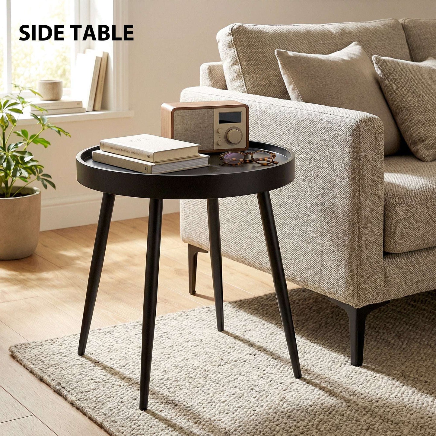 Round Garden Coffee & Side Table | 49.5cm | Tray-Style Weather-Resistant PP Top | Powder-Coated Metal Legs | Adjustable Foot Pads | 30kg Capacity | UV Resistant | Indoor & Outdoor | Black