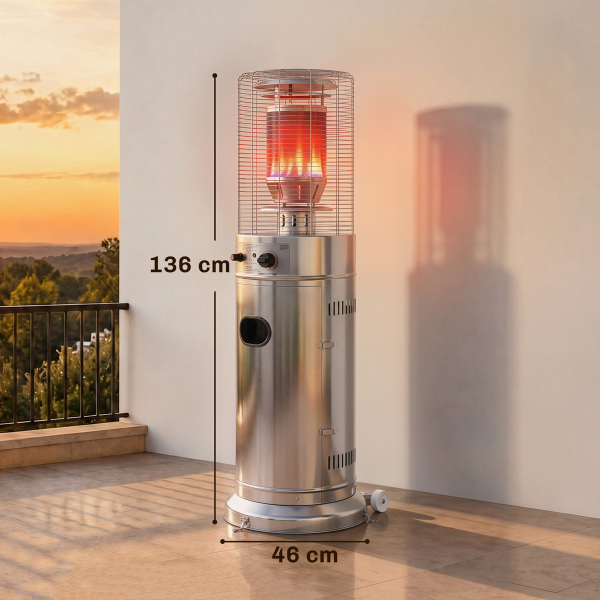 Outsunny Gas Patio Heater | Silver Stainless Steel | 13kW Stepless | 30m² Coverage | Pulse Ignition | Tip-Over Protection | Propane | Metal Mesh Guard | Tank Cabinet | 52x46x136cm
