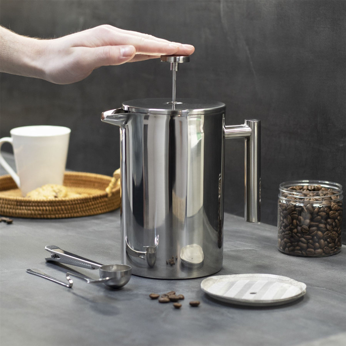 Maison & White French Press Cafetiere | Stainless Steel | 1500ml | Double-Walled | 22x20cm | Keeps Warm Up to 2 Hours | 7-Piece Set | 2-Year Warranty