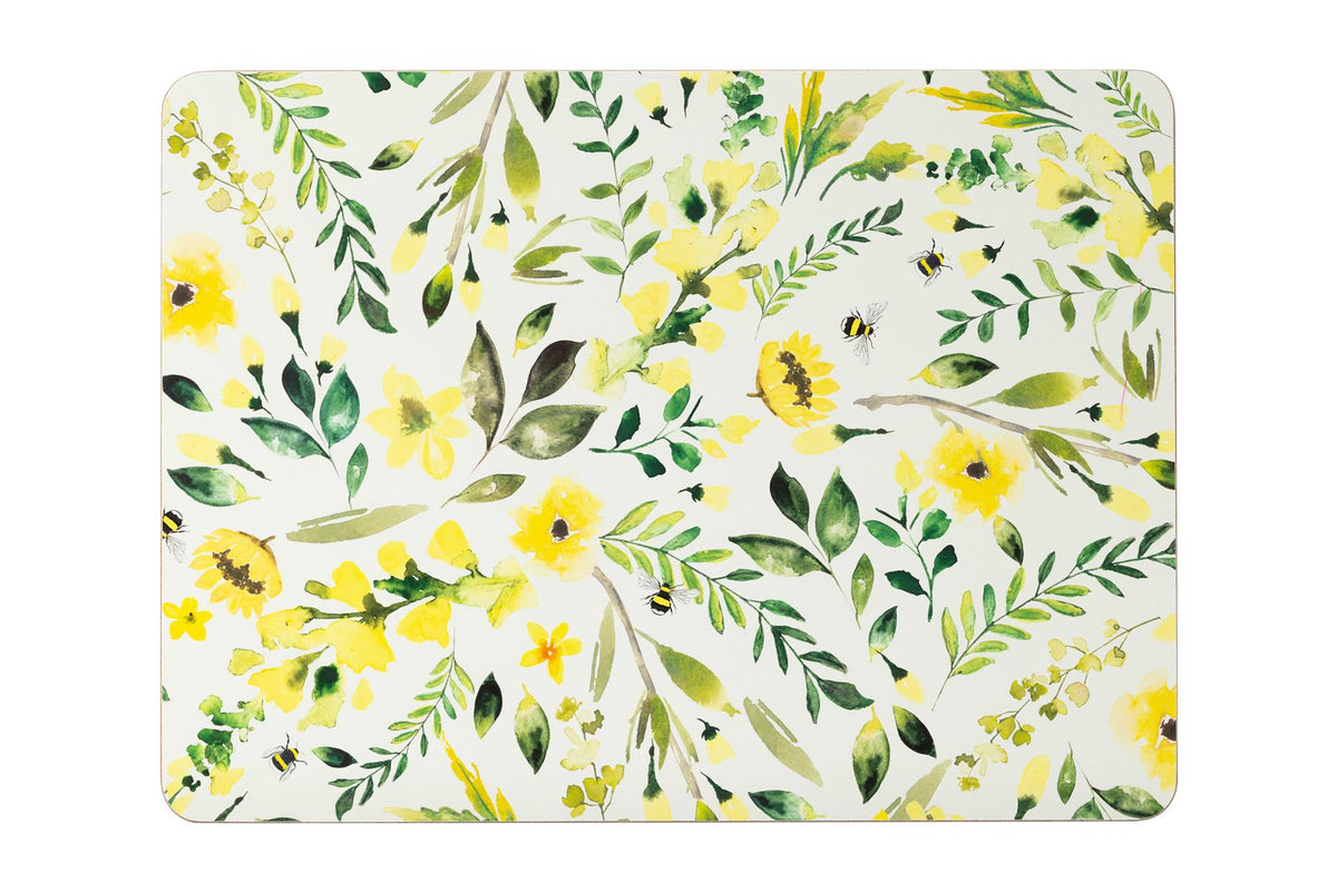 Maison & White Bee-Beautiful Placemats | Set of 4 | Cork Backed | Yellow Floral & Bee Design | 29 × 21.5cm