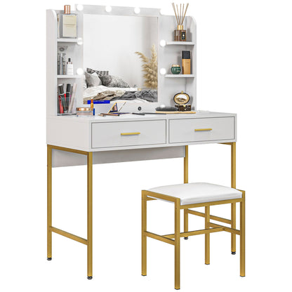 Dressing Table with Lighted Mirror, Cushioned Stool, Drawers, Shelves, Makeup Vanity Desk Set, Modern Dresser Vanity Table for Bedroom, White