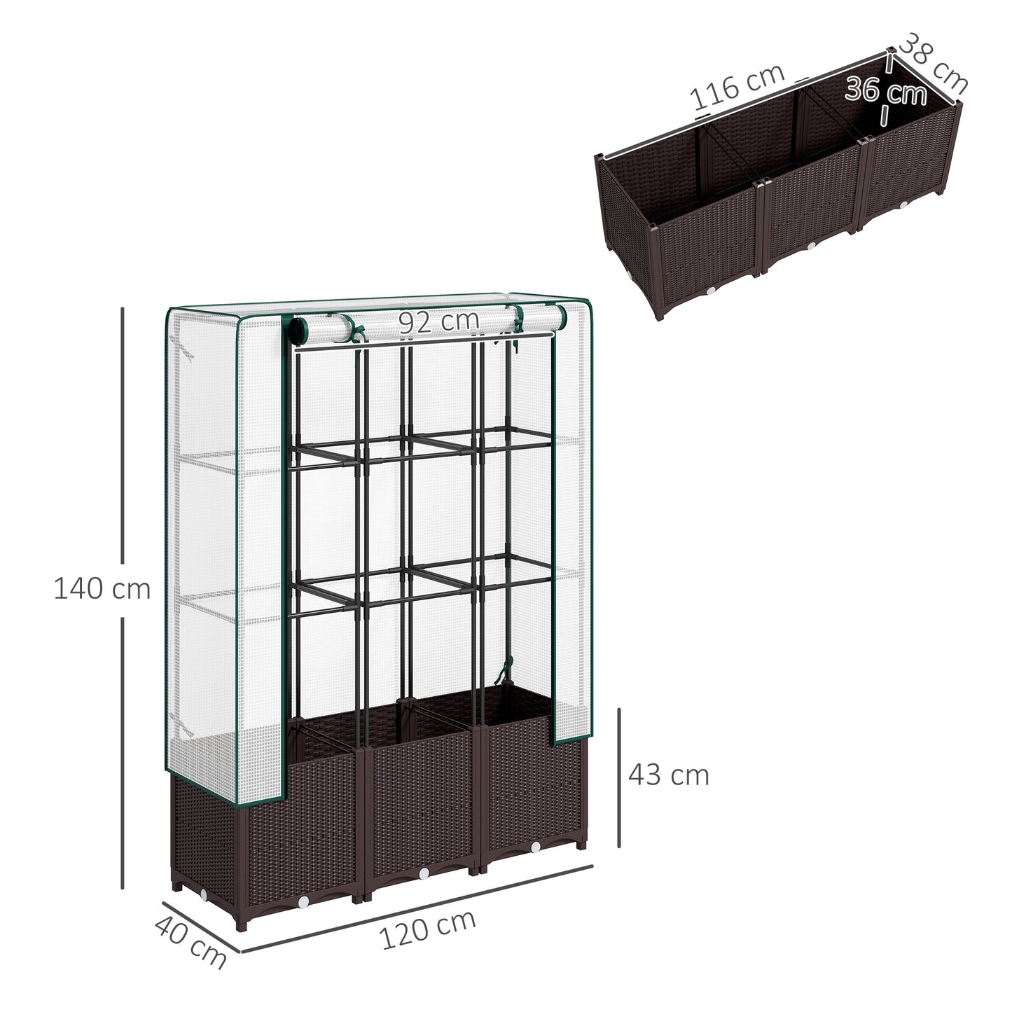 PP Raised Garden Bed with Trellis & PE Greenhouse Cover | Zipped Roll-Up Door | Drainage Holes & Plugs | 75kg | 120x40x140cm | Climbing Plants Veg & Flowers | Brown