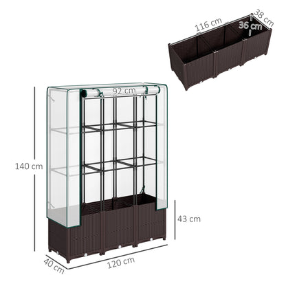 PP Raised Garden Bed with Trellis & PE Greenhouse Cover | Zipped Roll-Up Door | Drainage Holes & Plugs | 75kg | 120x40x140cm | Climbing Plants Veg & Flowers | Brown