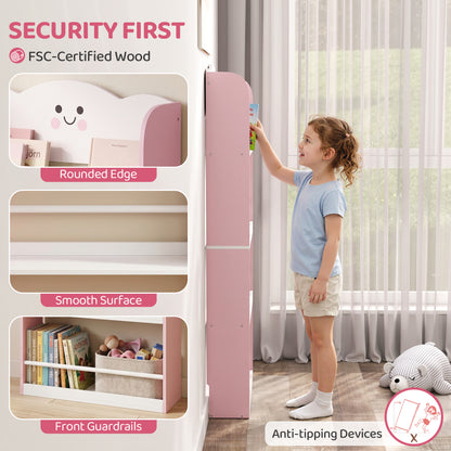 4-Tier Kids Wall-Mounted Bookshelf | Cotton Candy Theme | MDF & Pine | Anti-Tip | 3+ Years | Pink & White