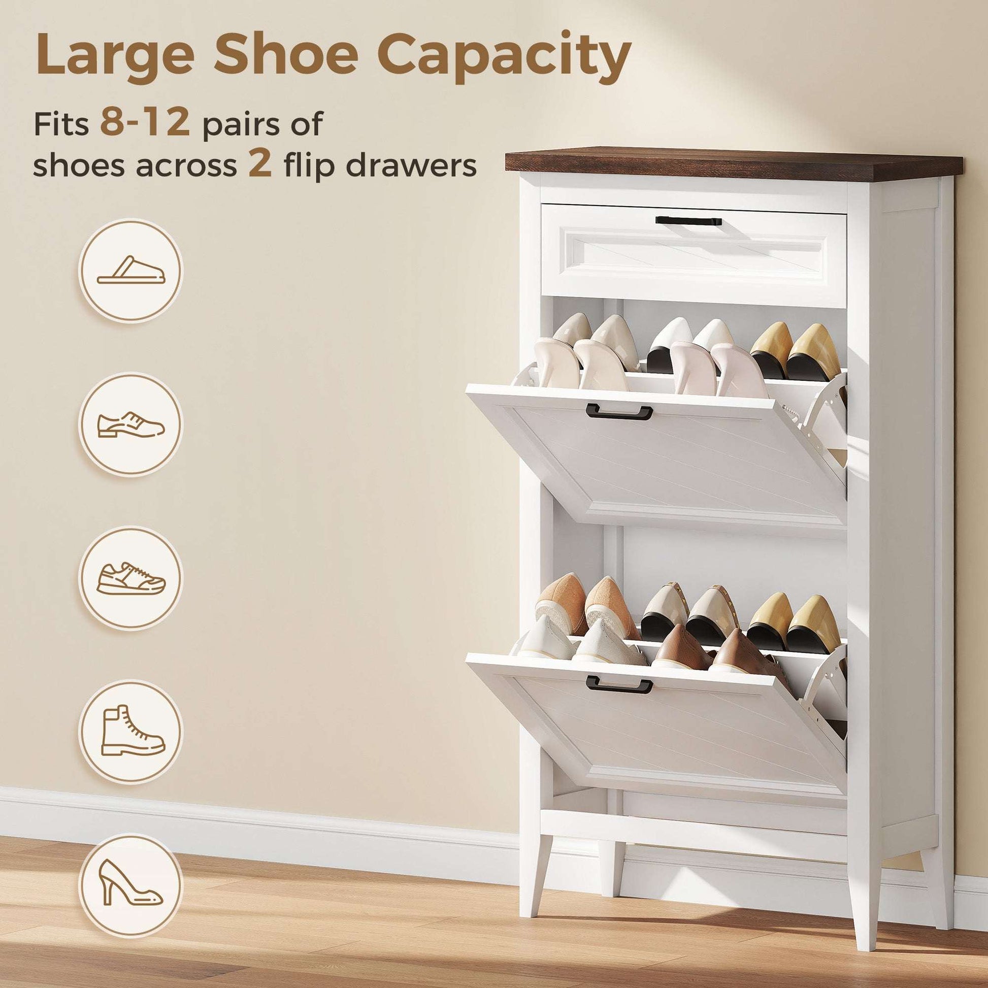 Farmhouse Narrow Shoe Cabinet | 2 Flip Drawers & Top Drawer | Adjustable Shelves | 8-12 Pairs | Slim 26.5cm Depth | Max UK 9.5 | Anti-Tipping | MDF | 60x26.5x108.5cm | White