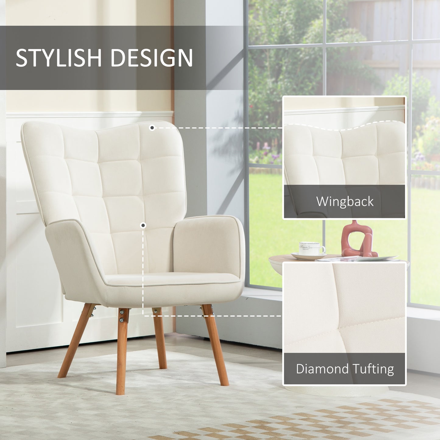 Modern Accent Chair Set of 2 Velvet-Touch Tufted Wingback Armchair Upholstered Leisure Lounge Sofa Club Chair with Wood Legs, Cream White