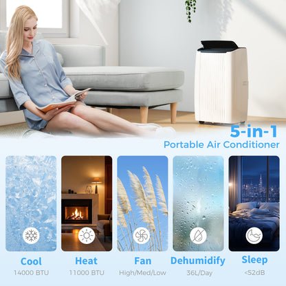 14000 BTU 5-in-1 Portable Air Conditioner | Cool, Heat, Dehumidify | WiFi | White