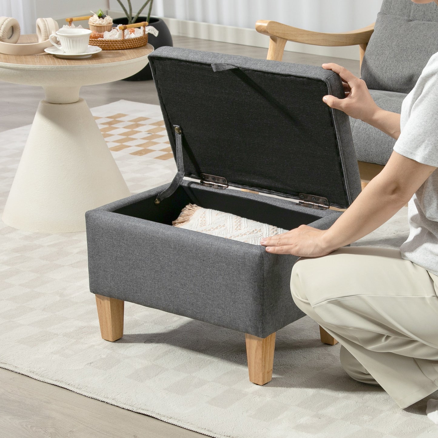 Storage Ottoman & Padded Footstool | 16L Storage | Linen-Look | Rubberwood Legs | 100° Lid Opening | 120kg | 49x33x36cm | Charcoal Grey