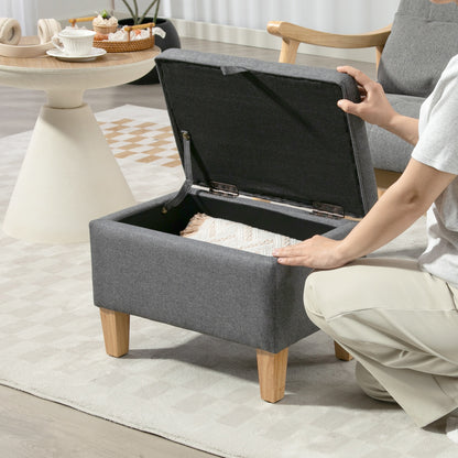 Storage Ottoman & Padded Footstool | 16L Storage | Linen-Look | Rubberwood Legs | 100° Lid Opening | 120kg | 49x33x36cm | Charcoal Grey