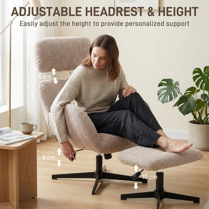 Swivel Armchair and Footstool Set, Height Adjustable Accent Chair with Adjustable Headrest, Rocking Function