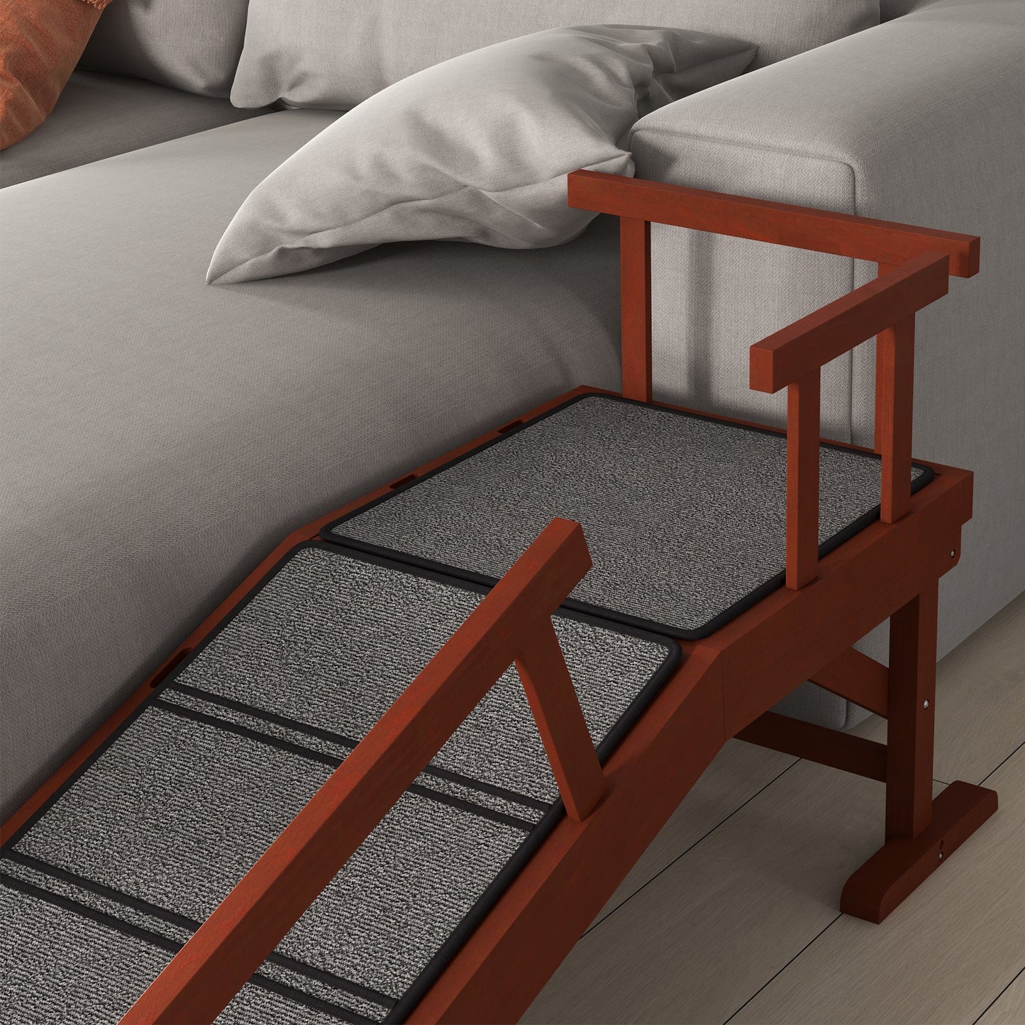 Wooden Dog & Cat Ramp | 3 Removable Guardrails | Non-Slip Carpet | 20° Gentle Slope | 125cm | 30kg | Brown