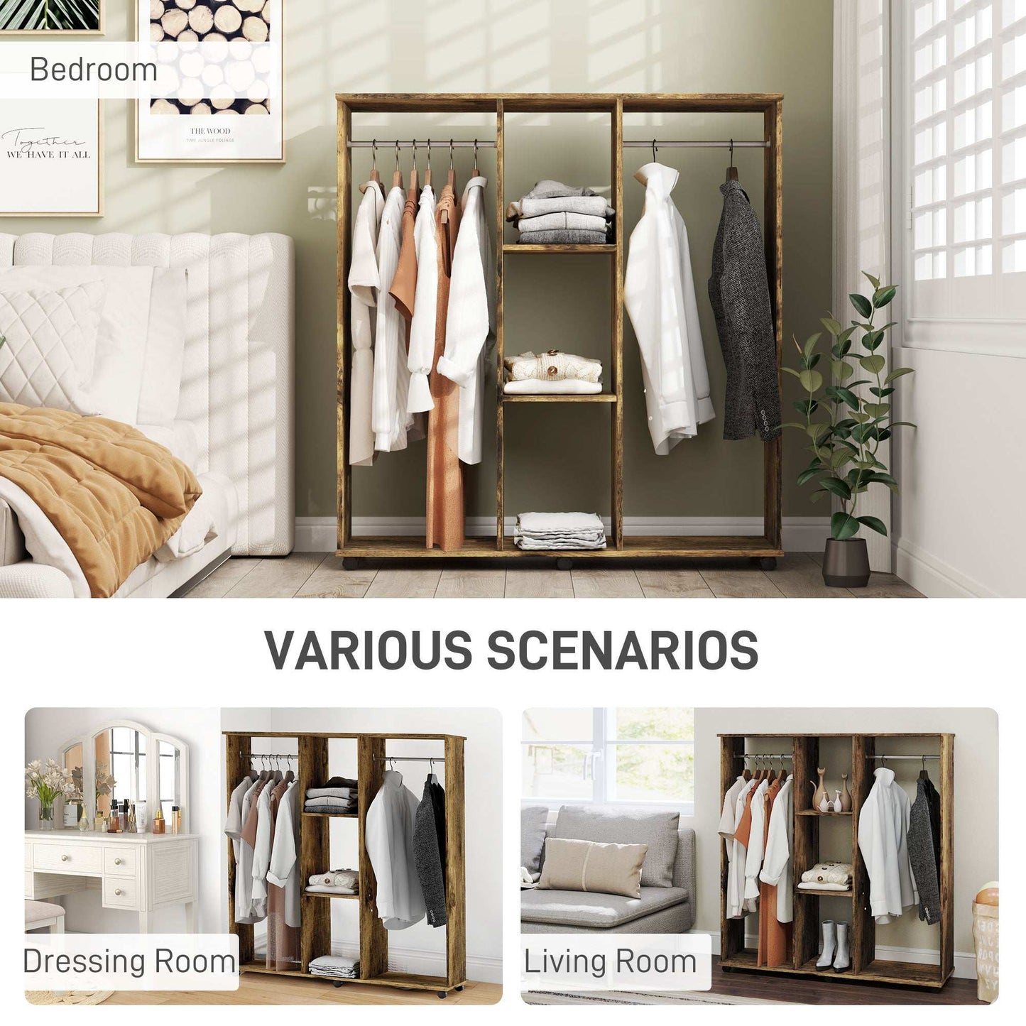 Open Wardrobe Double Mobile Storage Shelves Organiser W/6 Wheels-Rustic Brown