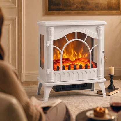 White Electric Fireplace Stove | 3-Sided Glass Flame Effect Fan Heater, 1000W/2000W, 15–30 m² Coverage | Freestanding