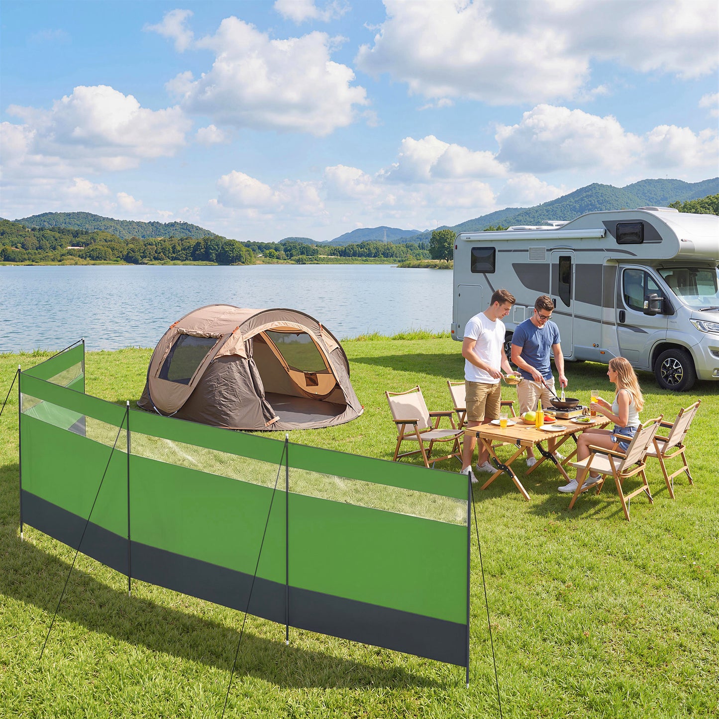 Camping Windbreaker with Clear Windows | 725x140cm | Steel Poles | 15 Stakes & 10 Guy Ropes | Beach & Caravan | Army Green