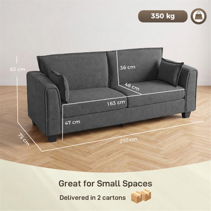 3 Seater Sofa | 200cm Linen-Look Polyester Couch | Pocket-Spring Seats, Padded Arms & 2 Cushions | Dark Grey or Dark Blue