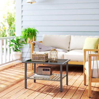 Outsunny Outdoor Rattan Coffee Table with Tempered Glass Top, Storage Shelf, Foot Pads, for Patio, Balcony, Mixed-grey