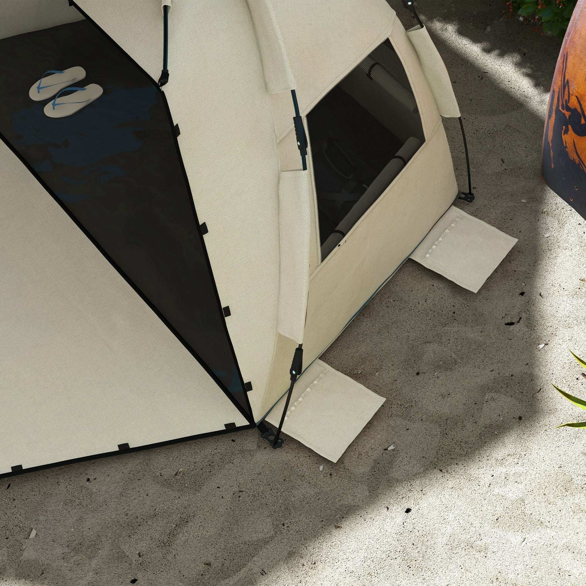 Outsunny 2-3 Person Pop Up Beach Tent, UPF15+ Sun Shelter with Extended Floor, Sandbags, Mesh Windows and Carry Bag, Khaki