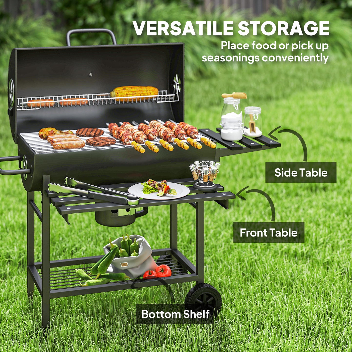Charcoal BBQ Grill with Foldable Front Side Shelf, Portable Barbecue Smoker with Warming Rack, Bottom Shelf, Lid, Temperature Gauge