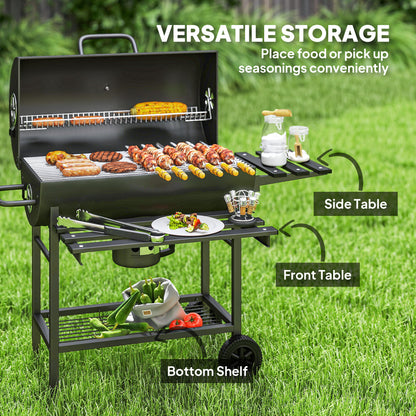 Charcoal BBQ Grill with Foldable Front Side Shelf, Portable Barbecue Smoker with Warming Rack, Bottom Shelf, Lid, Temperature Gauge