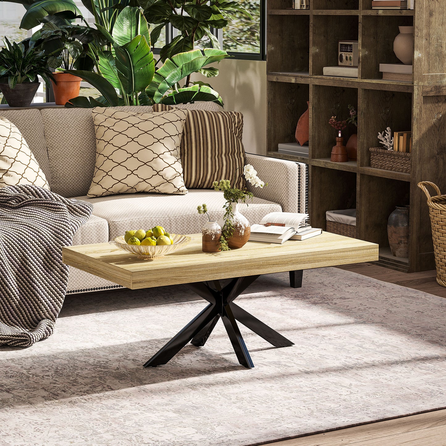 Industrial Coffee Table, Rectangular End Table with Crossed Steel Frame for Living Room, 110 x 60 x 45cm, Natural Wood Finish