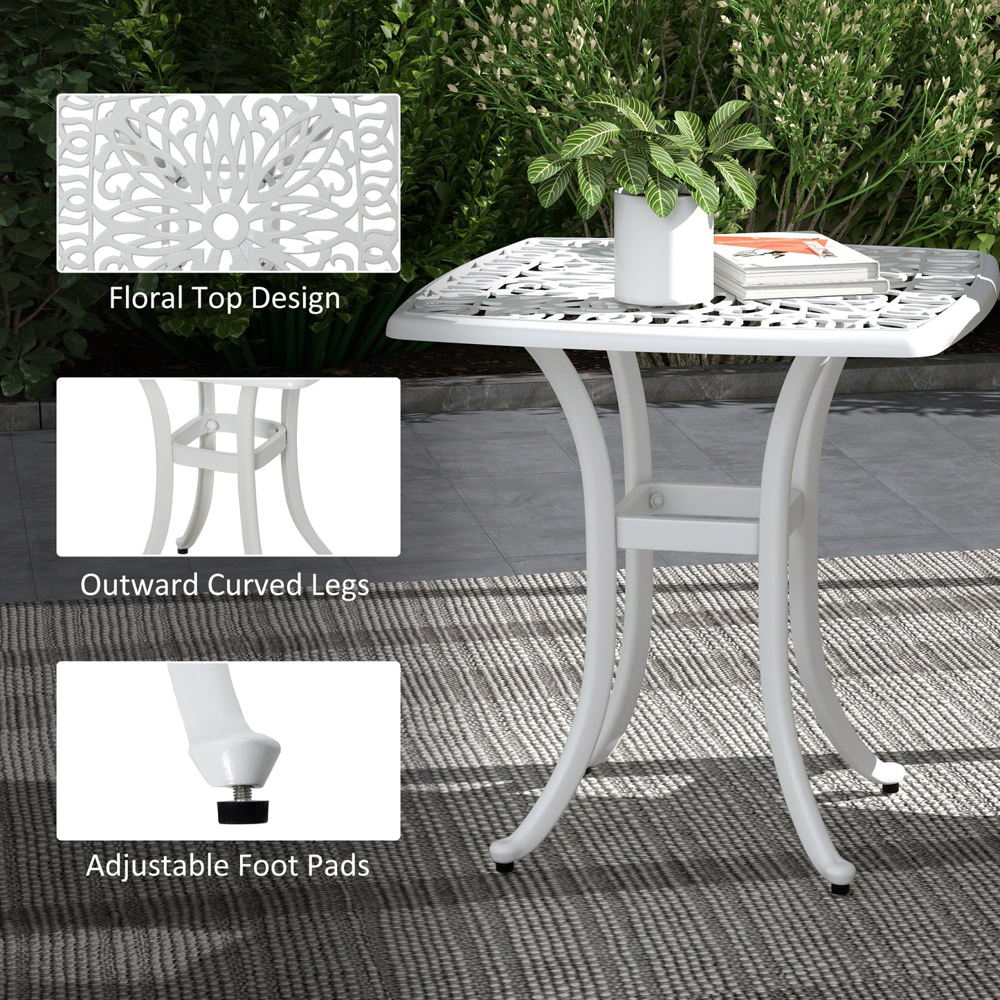 Cast Aluminium Garden Bistro Side Table | 53x53x53cm | Floral Cut-Out Design | Umbrella Hole 3.5cm | Curved Legs | Adjustable Feet | 50kg | White