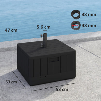 Fillable Parasol Base with Wheels & Handles | 80kg Sand or 50kg Water | Fits 38mm & 48mm Poles | 53x53x45cm | Deck Poolside & Garden | Black