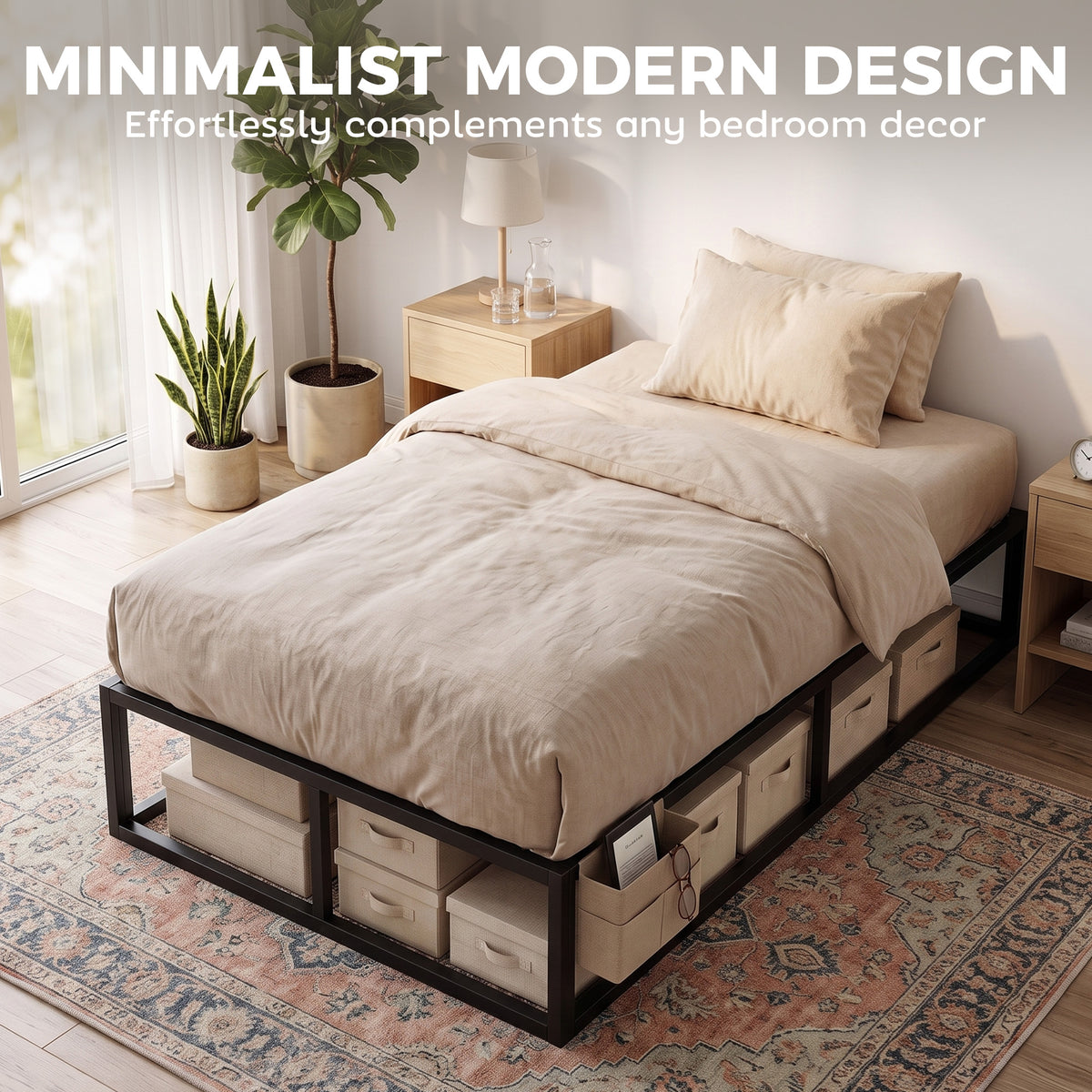 3ft Single Bed Frame | 12 Slats | Metal Platform | Storage Bag | Anti-Slip Pads | 227kg Capacity | Black