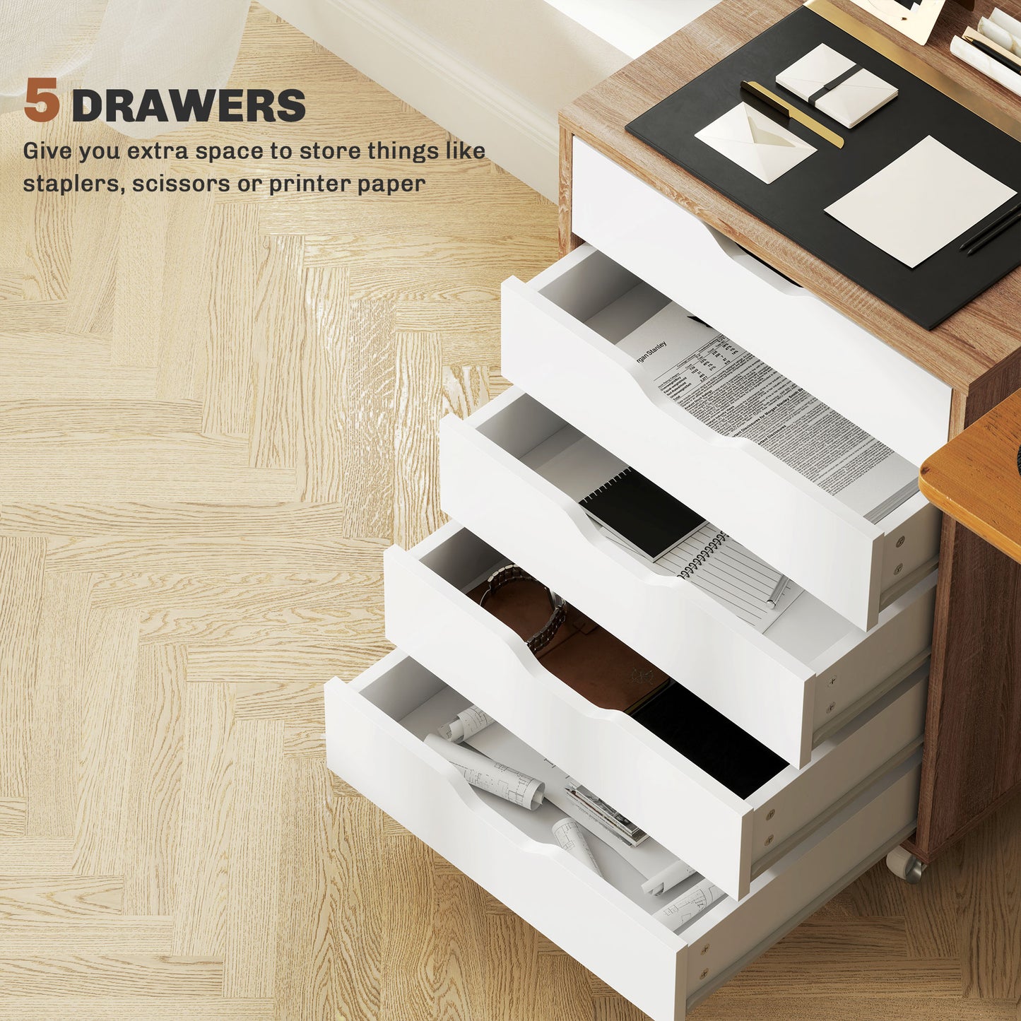 5 Drawer Mobile Filing Cabinet on Wheels | Brakes | 47.5x39.5x67.5cm | Groove Handles | Flat Top | Anti-Tip Strap | 25kg | Oak Brown