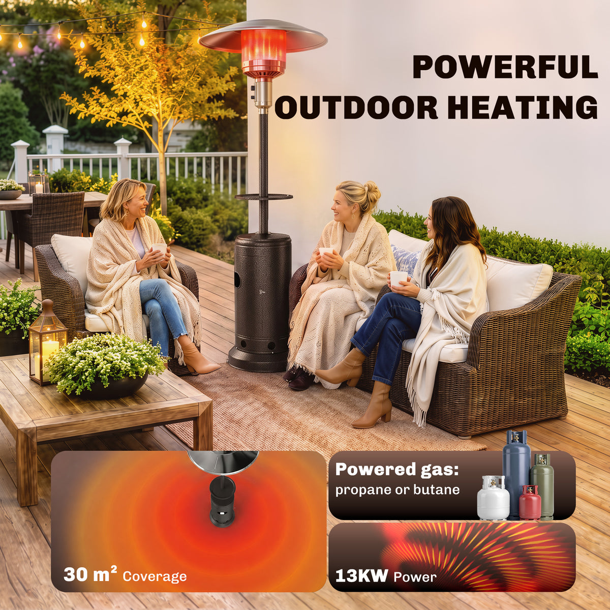 Outsunny Gas Patio Heater with Side Table | Brown Metal | 5-13kW Stepless | 30m² Coverage | Piezo Ignition | Tip-Over Protection | Propane Butane | 40cm Table | Tank Cabinet | 81x81x221cm