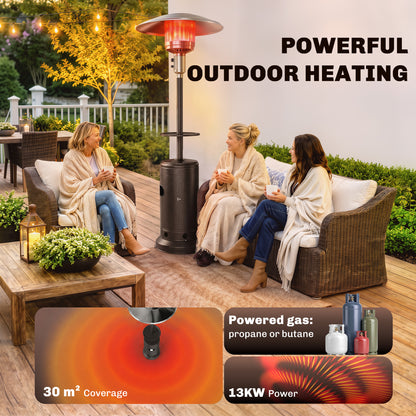 Outsunny Gas Patio Heater with Side Table | Brown Metal | 5-13kW Stepless | 30m² Coverage | Piezo Ignition | Tip-Over Protection | Propane Butane | 40cm Table | Tank Cabinet | 81x81x221cm