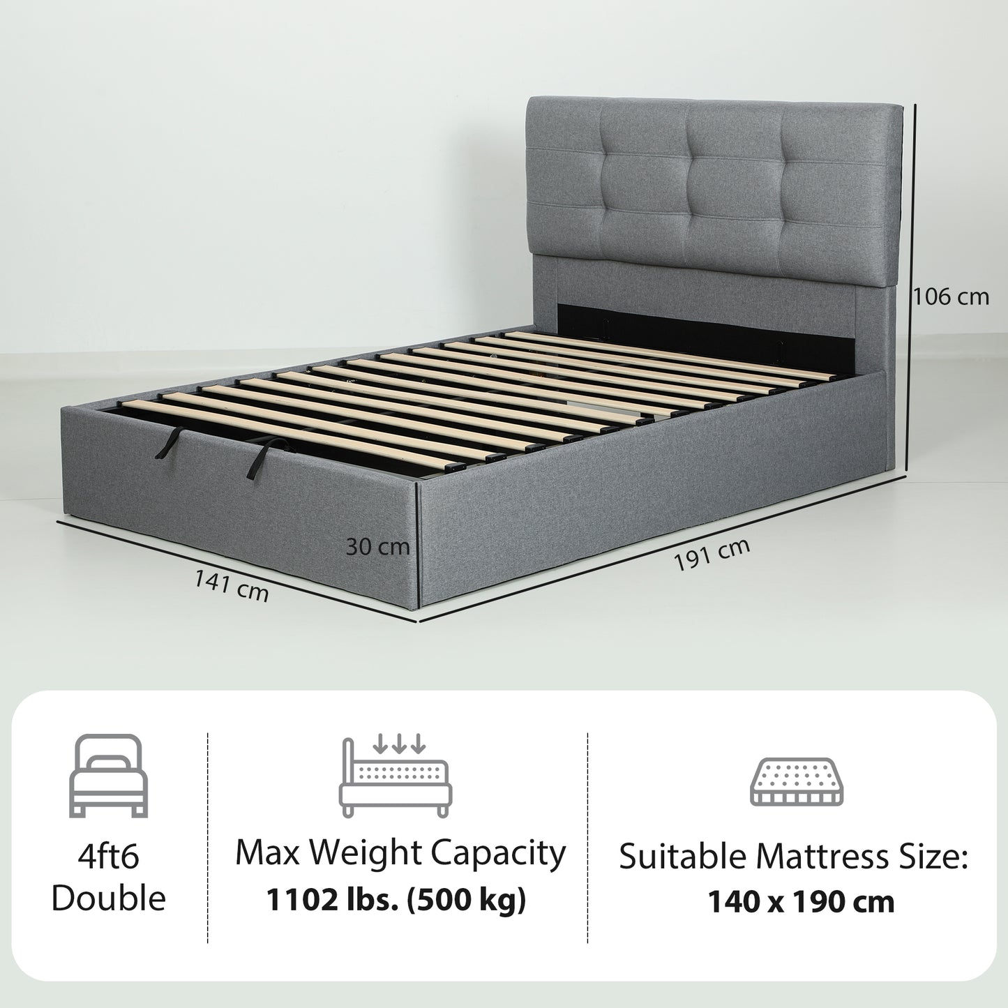4ft6 Double Ottoman Bed with Gas Lift Storage - Grey